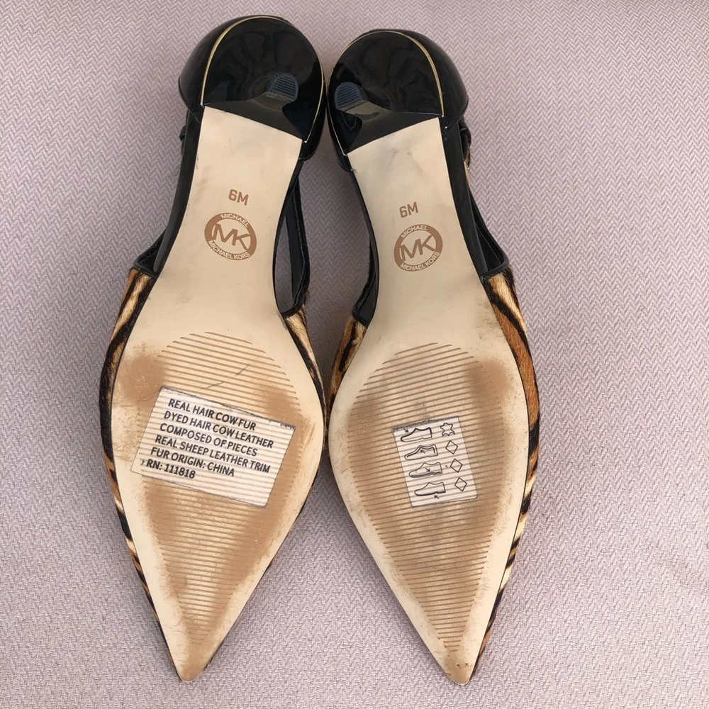 Michael Kors  Calf Hair Black Brown Tiger Print Slingback Mid Pump Heel Shoes 6M